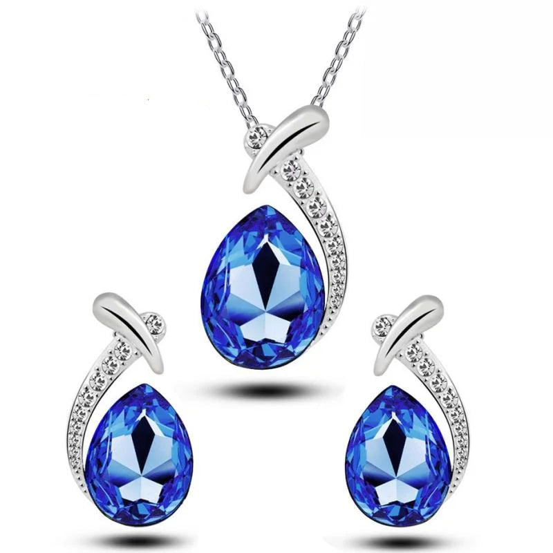 Conjunto de Joias Femininas com Gotas de Água Azul