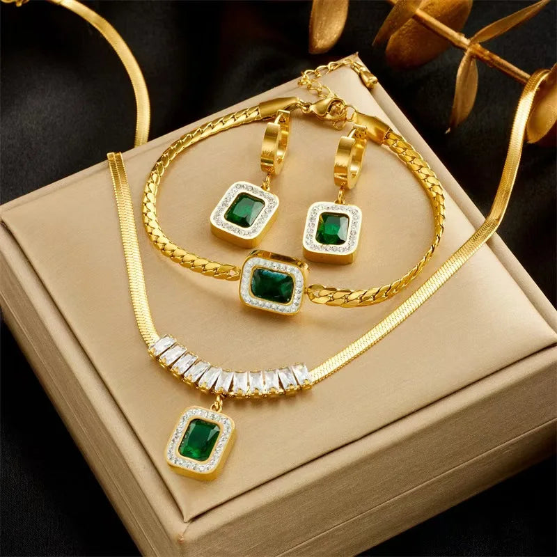 Conjunto de Joias Luxo com Cristal Verde e Strass