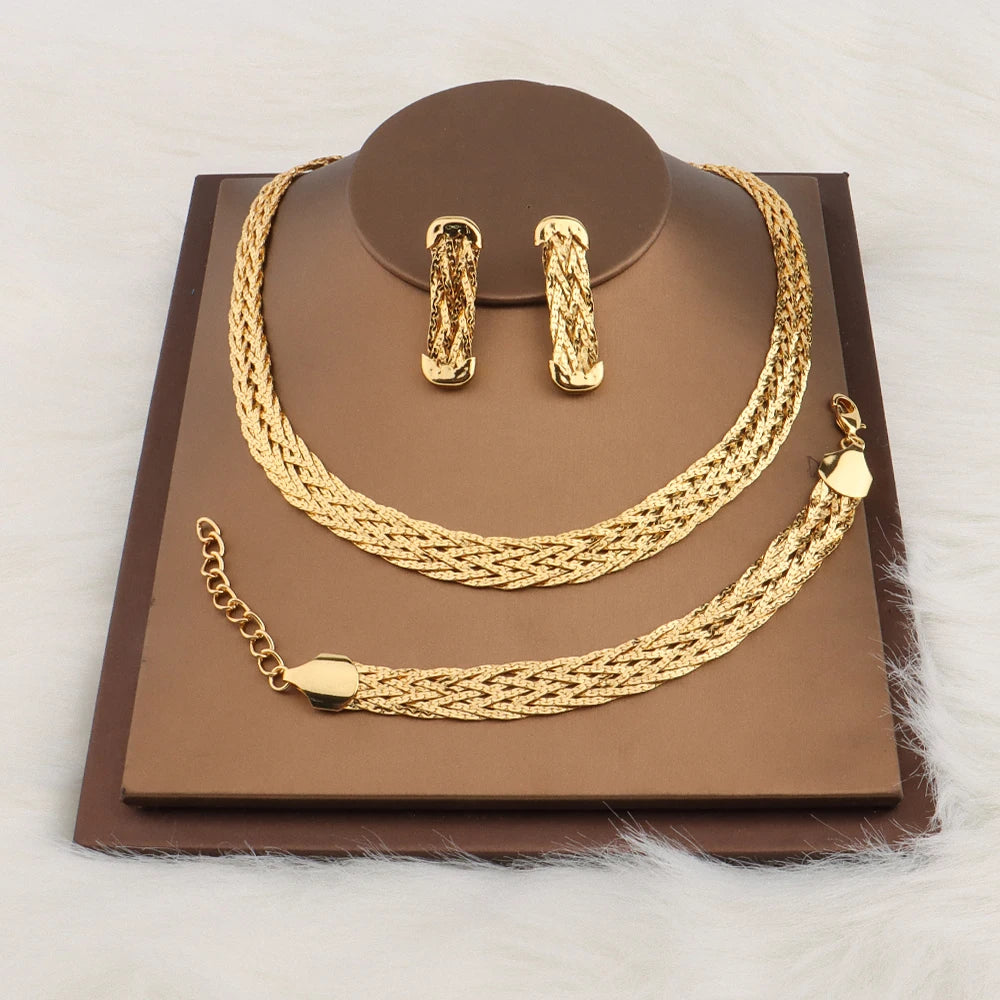 Conjunto de Joias Malha Dourado Transada com 3 Peças