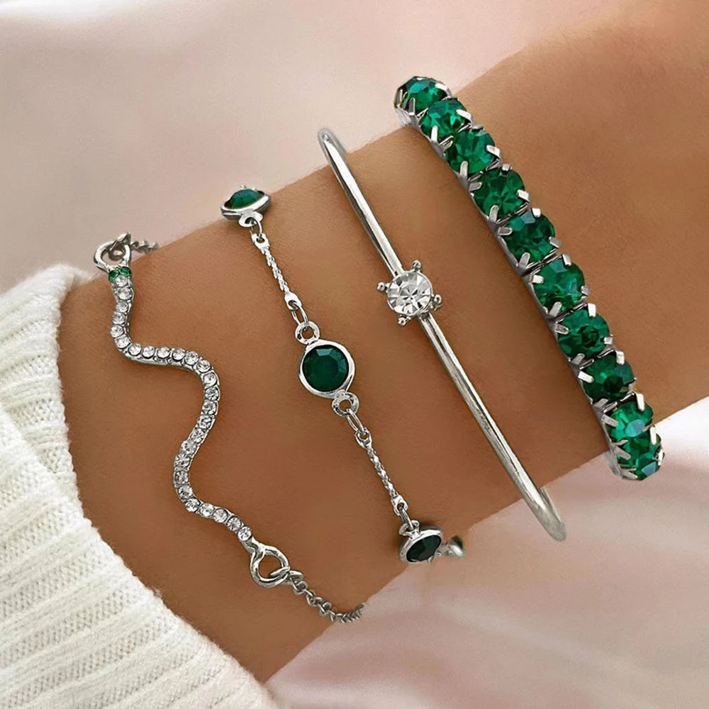 Conjunto de Pulseiras com Pedras e Strass Verde