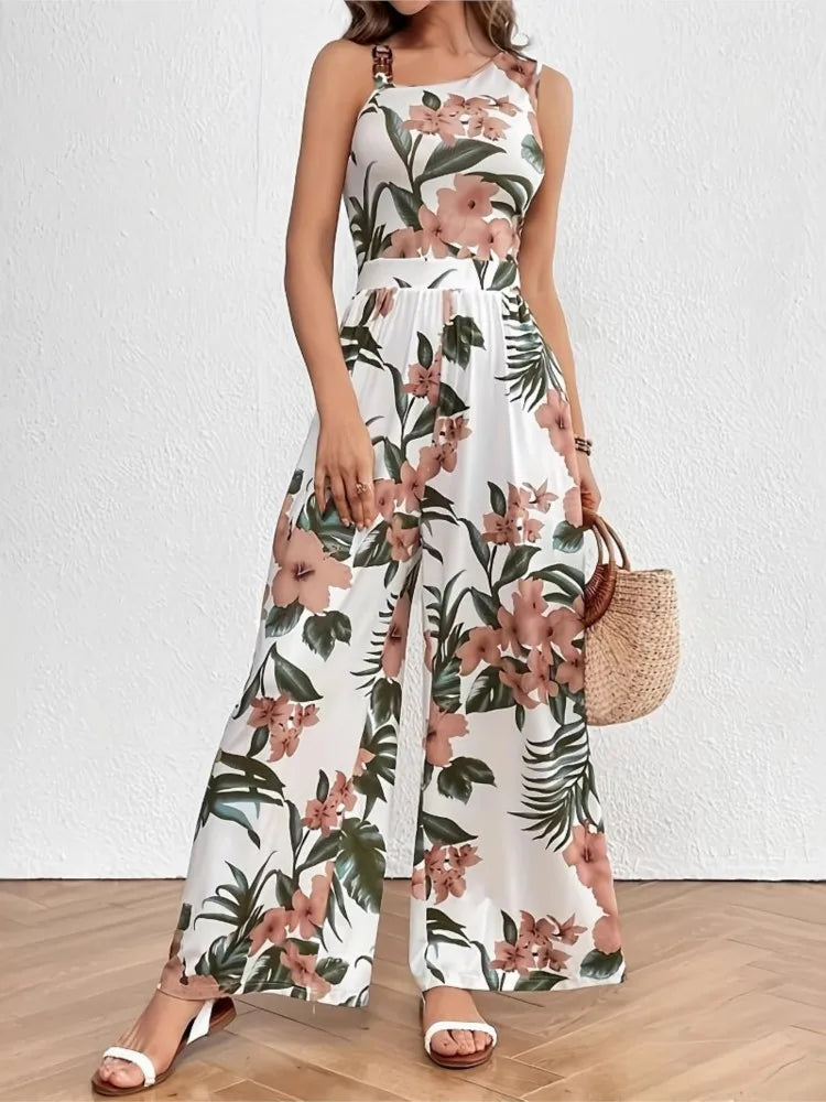 Macacão Floral Boho Sem Mangas com Cintura Alta