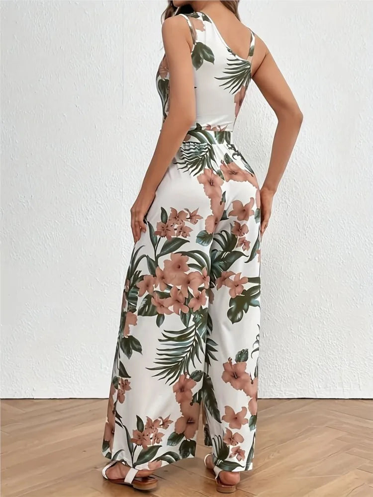 Macacão Floral Boho Sem Mangas com Cintura Alta