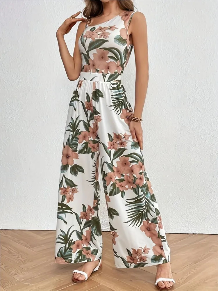 Macacão Floral Boho Sem Mangas com Cintura Alta