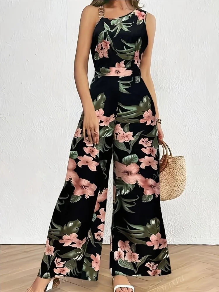 Macacão Floral Boho Sem Mangas com Cintura Alta