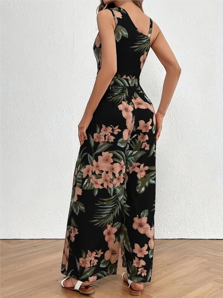 Macacão Floral Boho Sem Mangas com Cintura Alta