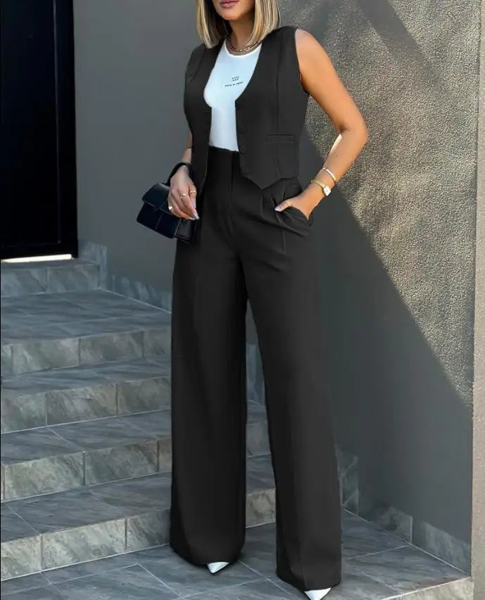 Conjunto Elegante de Colete e Calça de Cintura Alta