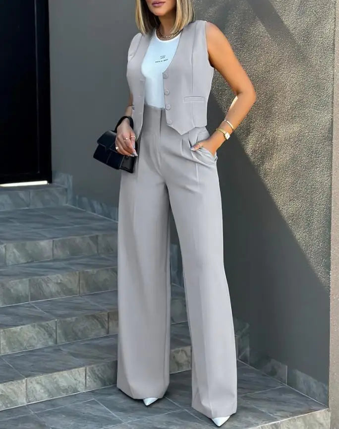 Conjunto Elegante de Colete e Calça de Cintura Alta