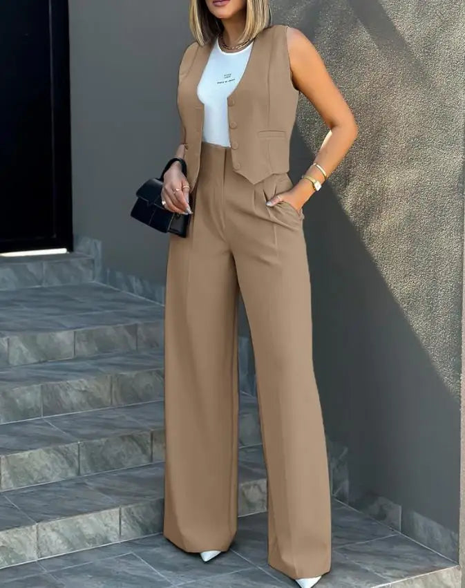 Conjunto Elegante de Colete e Calça de Cintura Alta