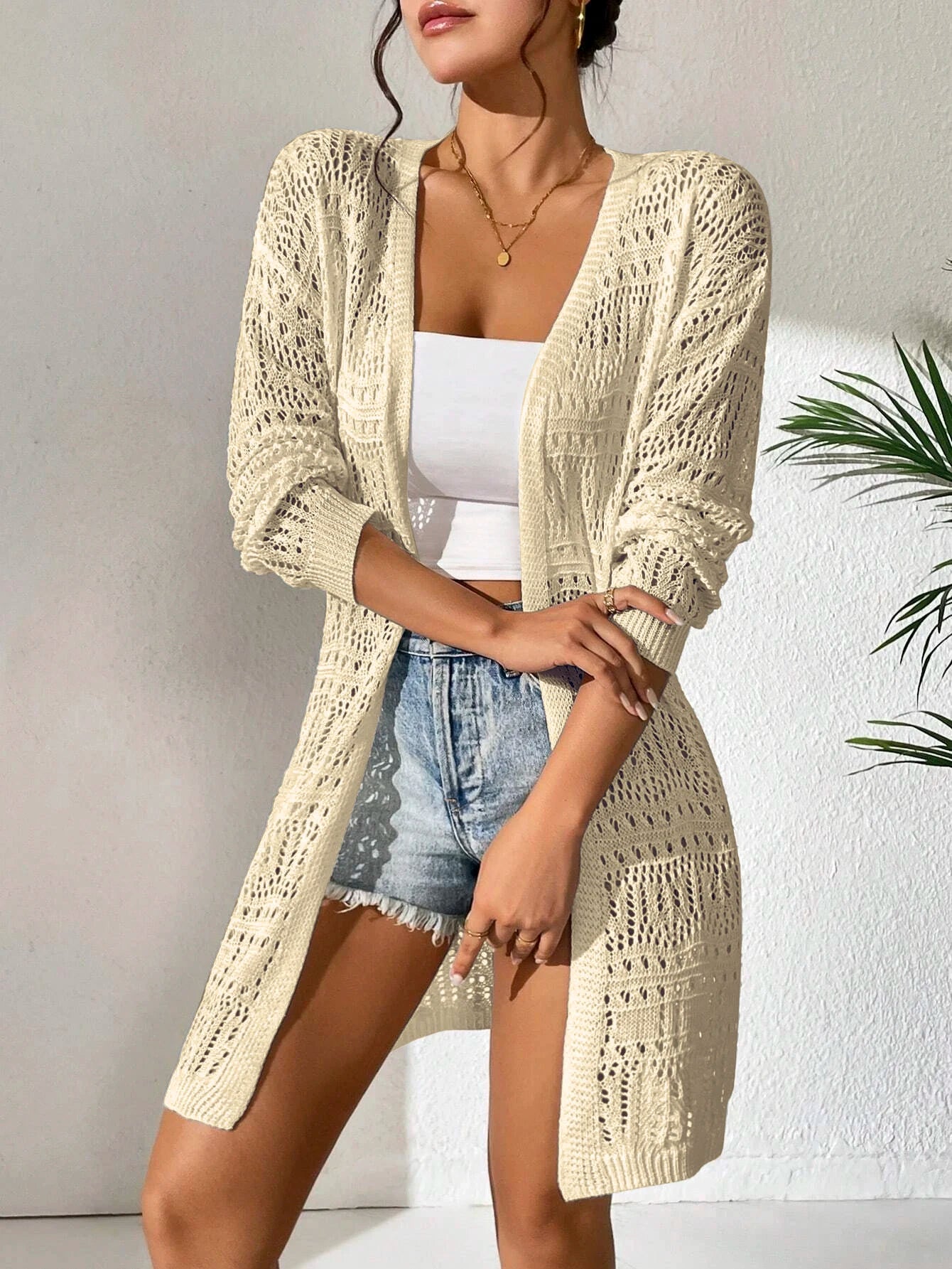 Saída de Praia Cardigan Elegante de Malha Vazada