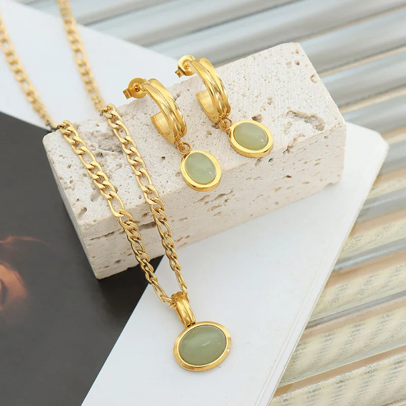 Conjunto Colar e Brincos com Pedra Verde