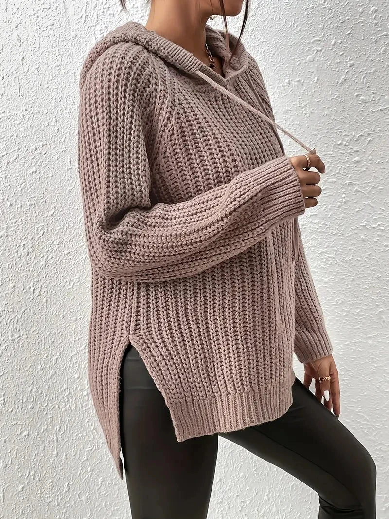 Suéter Feminino Tricô com Capuz e Manga Raglan