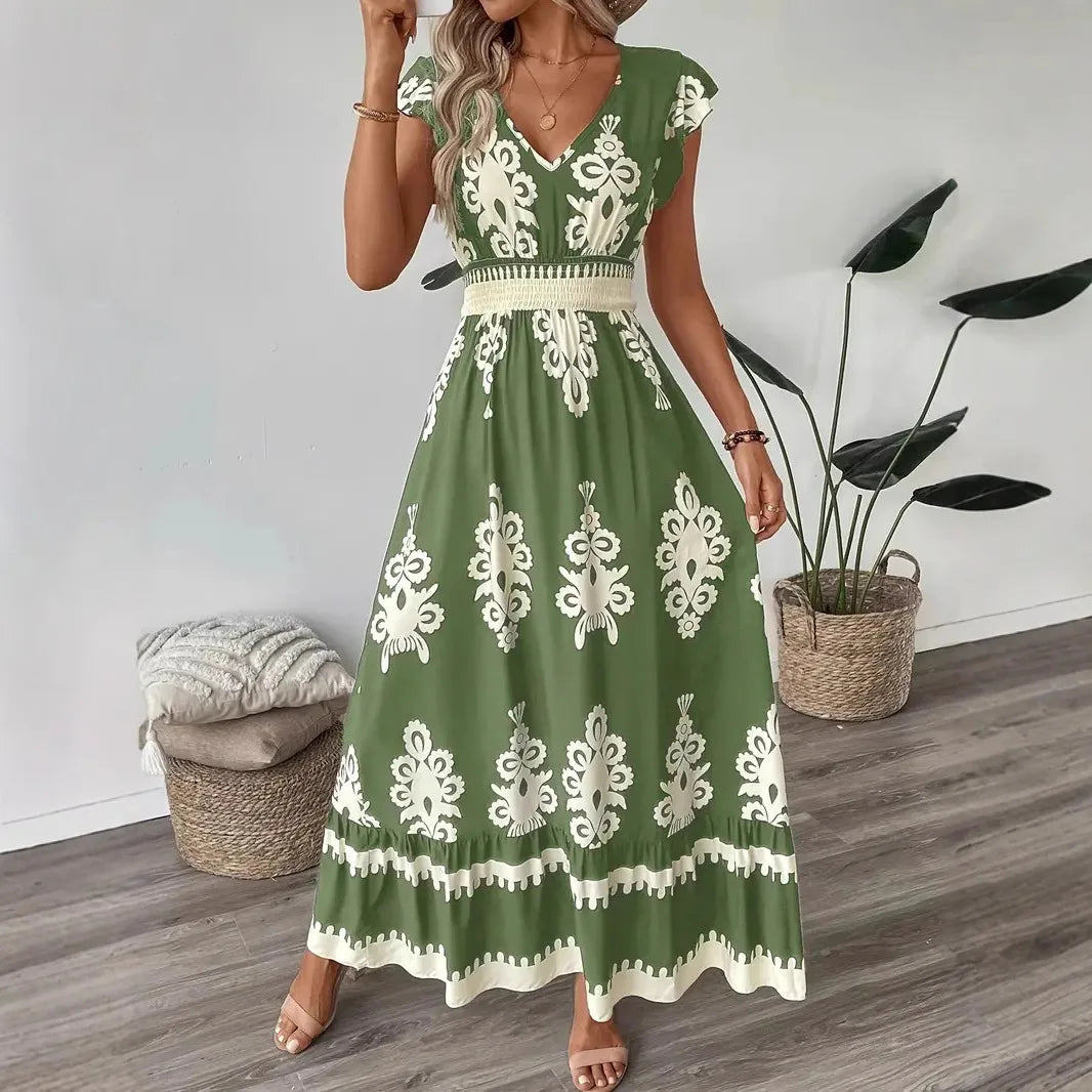 Vestido Boho Floral com Decote V e Manga Voadora