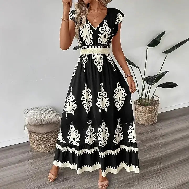 Vestido Boho Floral com Decote V e Manga Voadora