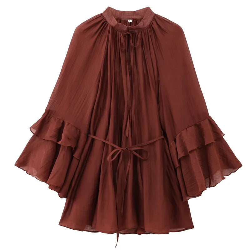 Vestido Feminino Mini Marrom com Babados e Rendas