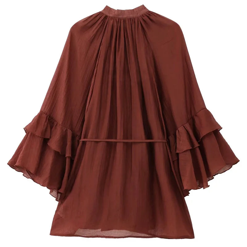 Vestido Feminino Mini Marrom com Babados e Rendas