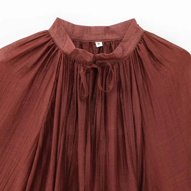Vestido Feminino Mini Marrom com Babados e Rendas