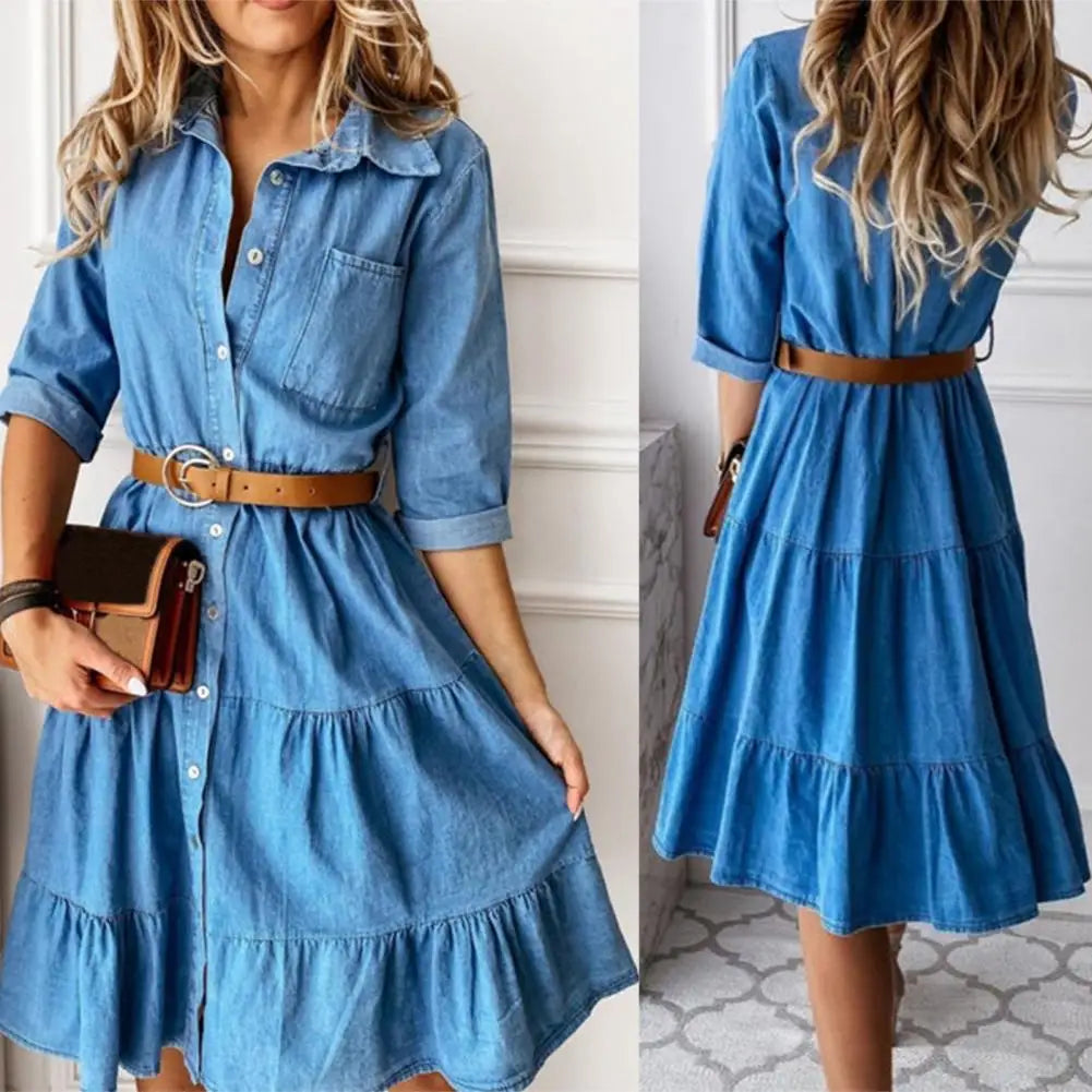 Vestido Jeans Elegante com Cinto e Babados