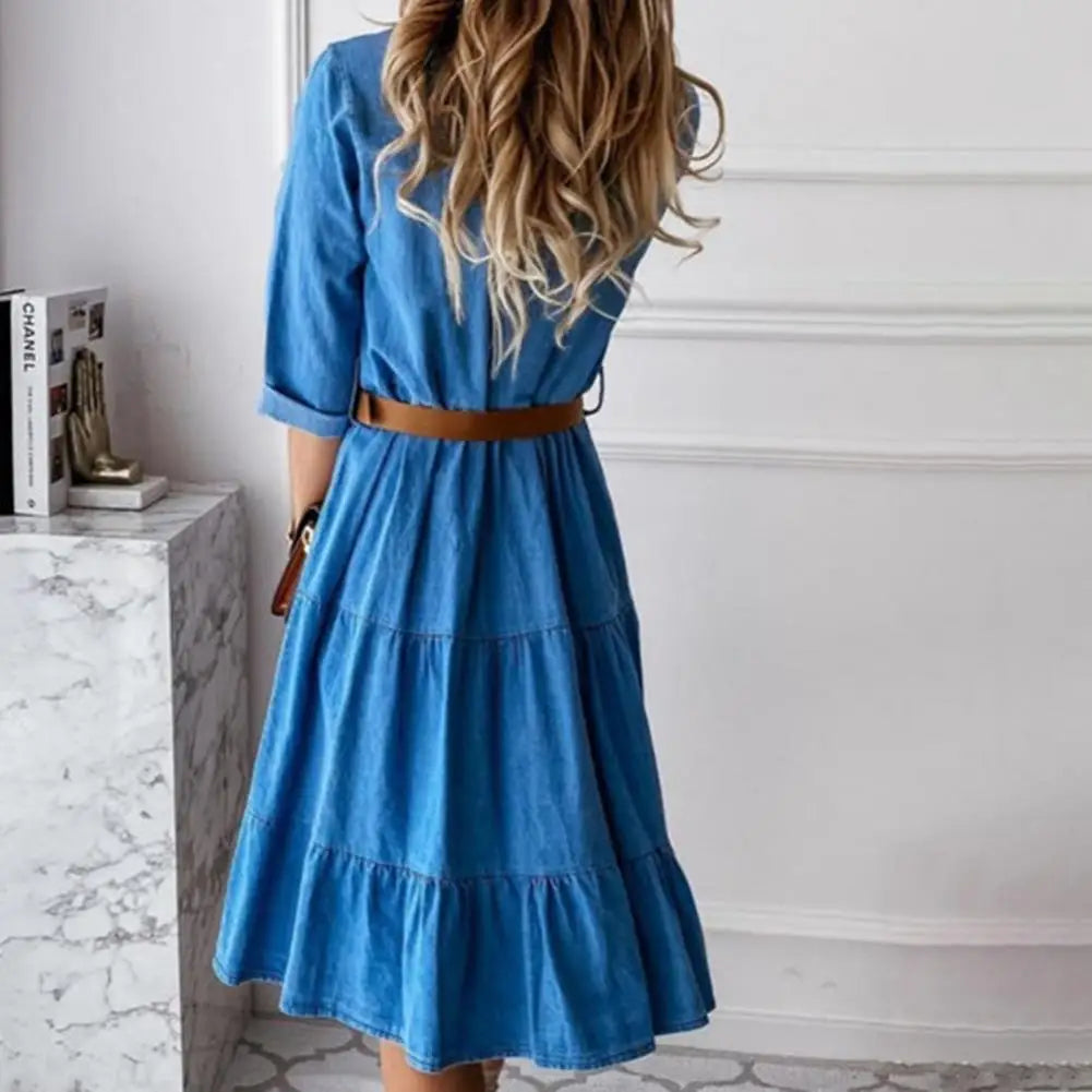 Vestido Jeans Elegante com Cinto e Babados