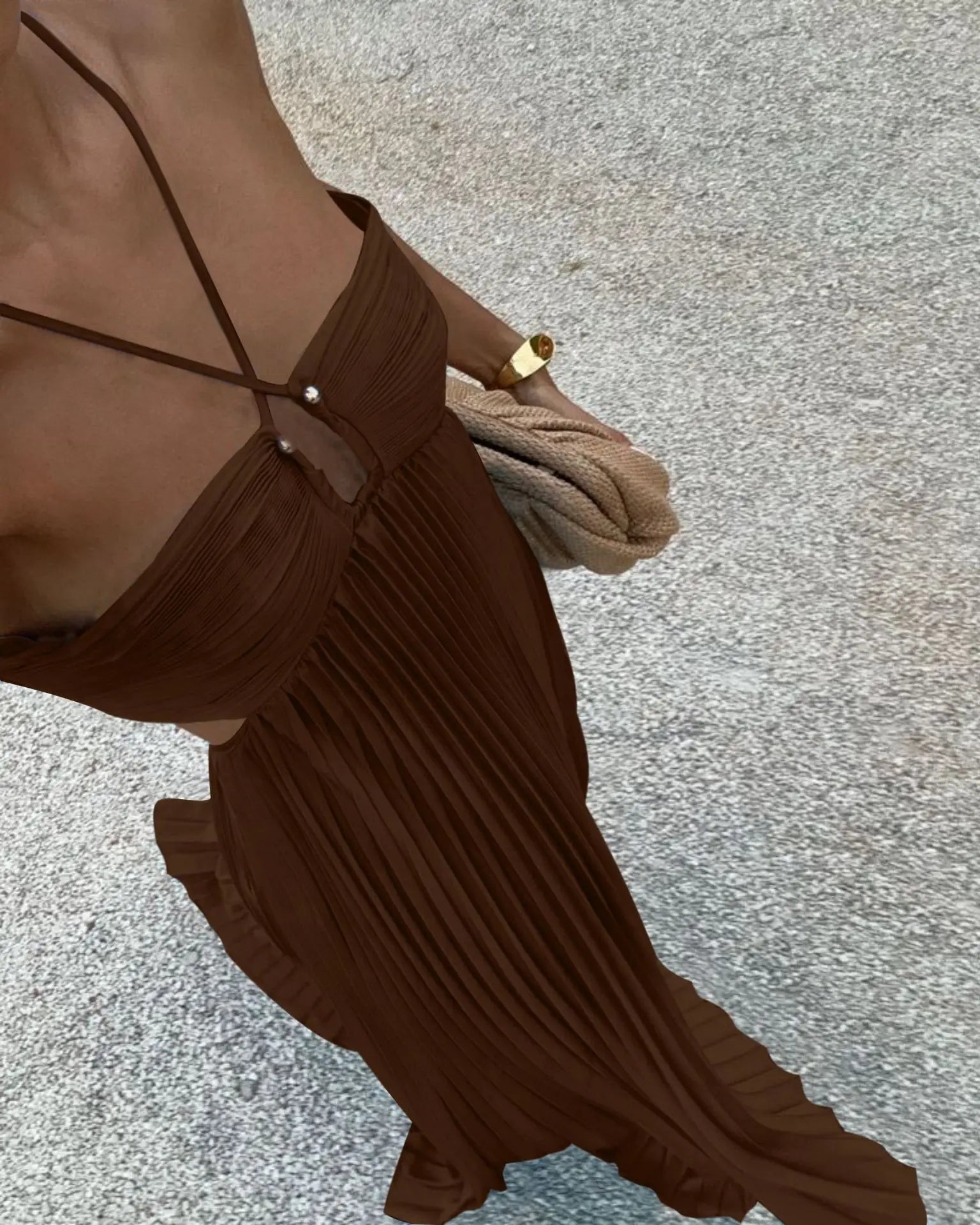 Vestido Longo Plissado Alça Ajustavel