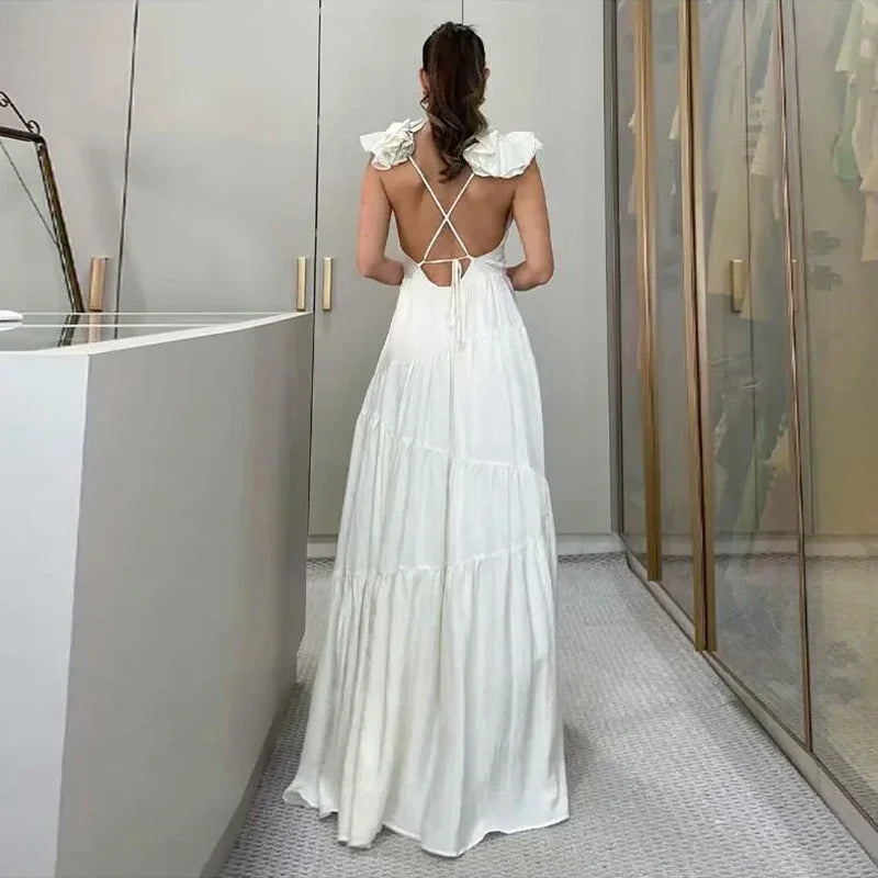 Vestido Luna Longo Detalhe em Flor Branco 1