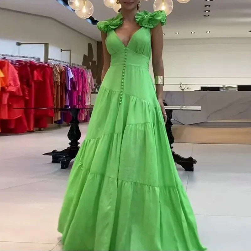 Vestido Luna Longo Detalhe em Flor Verde