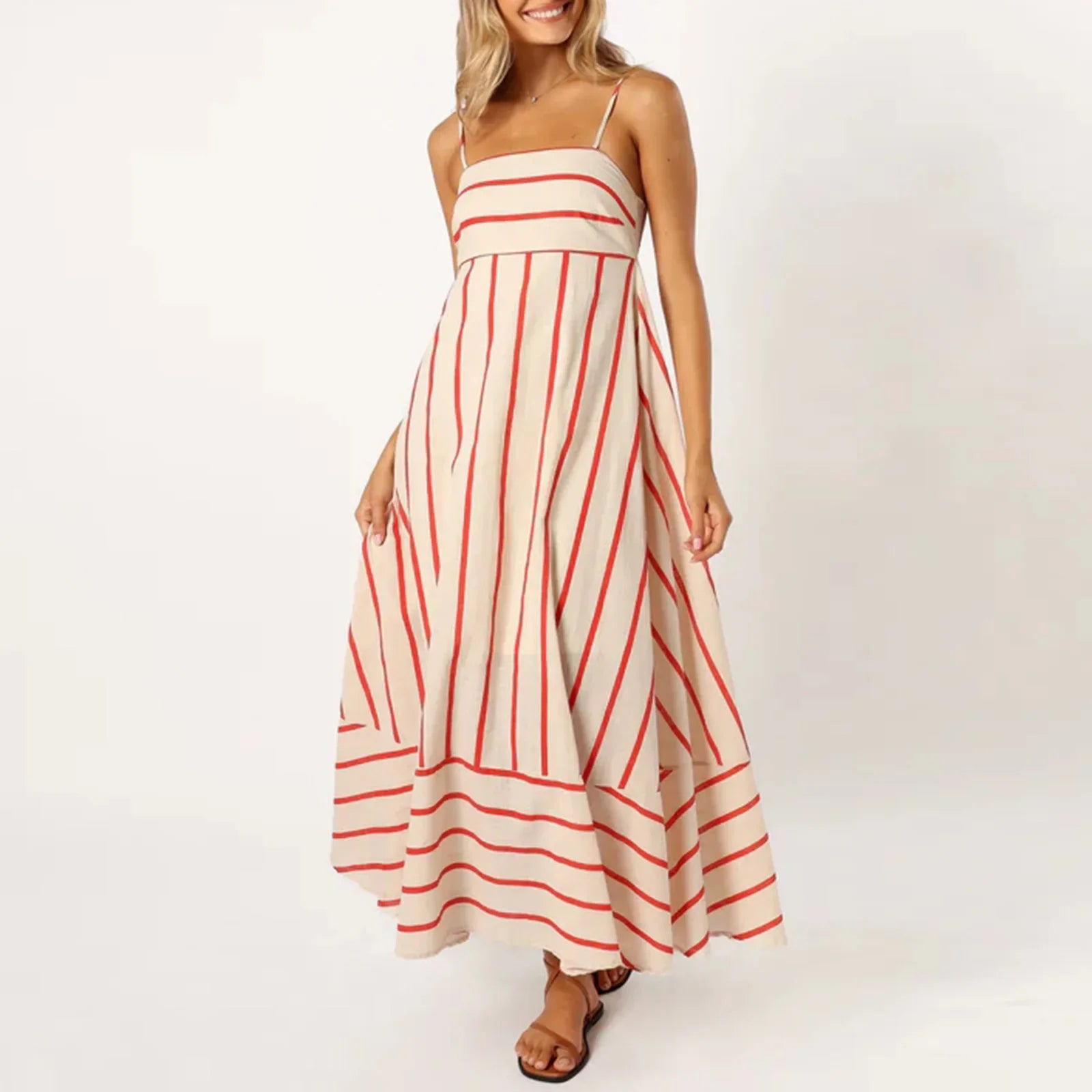 Vestido Maxi Listrado Evase com Alça