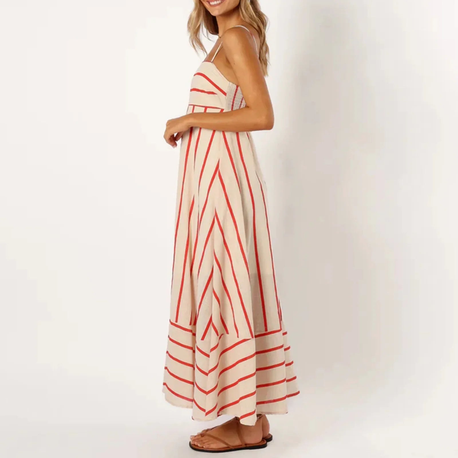 Vestido Maxi Listrado Evase com Alça