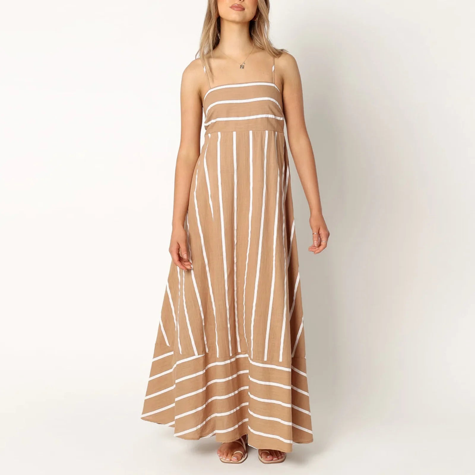 Vestido Maxi Listrado Evase com Alça