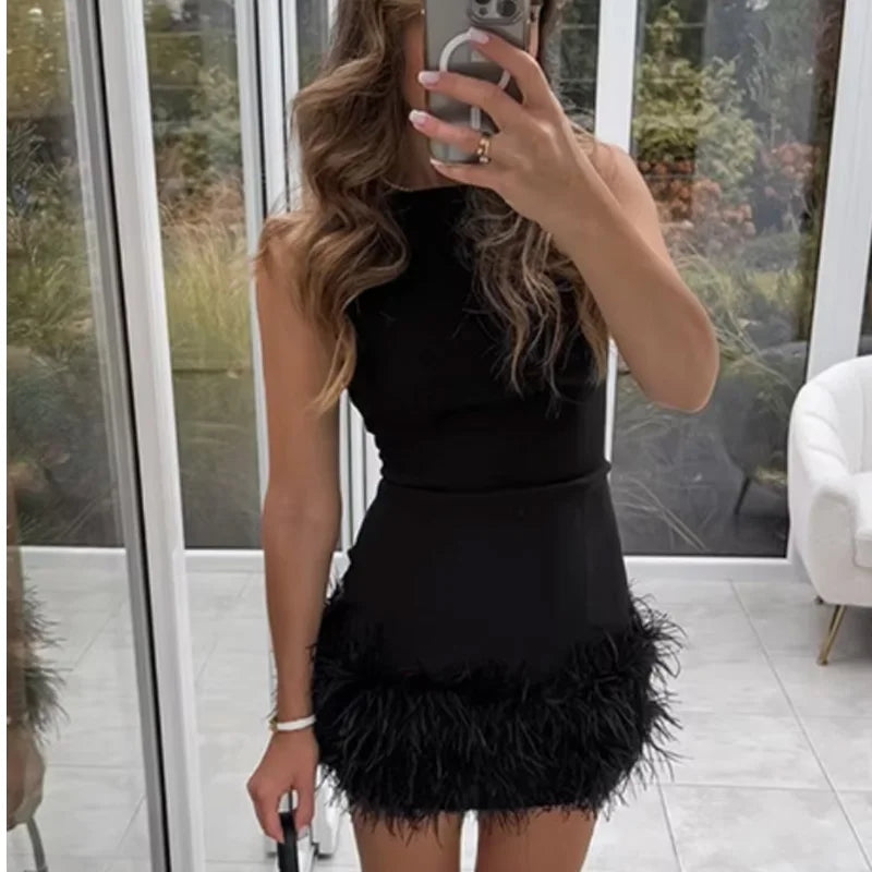 Vestido Preto Elegante com Penas