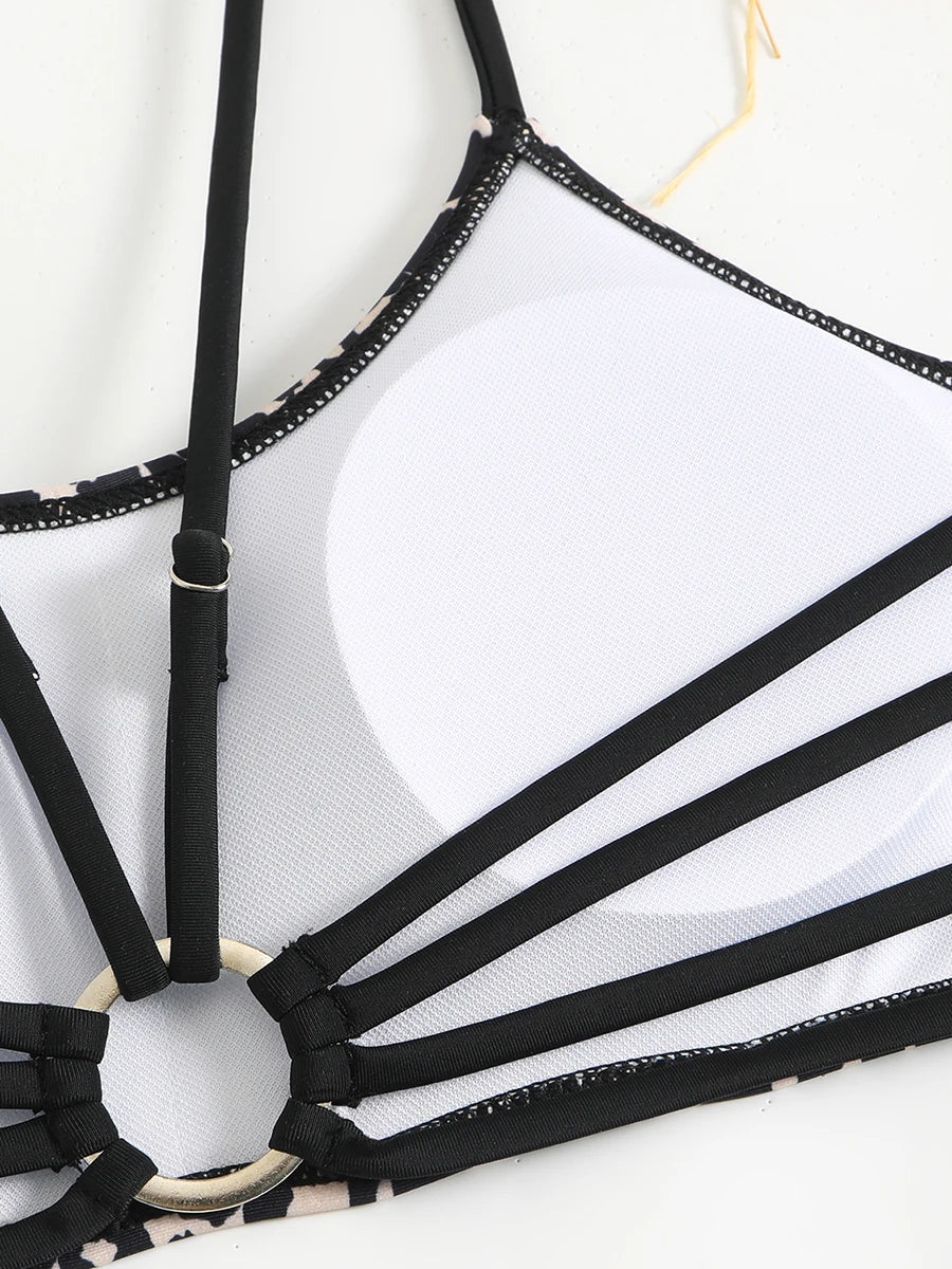 Biquíni Leopardo com Tiras e Alça Regulável