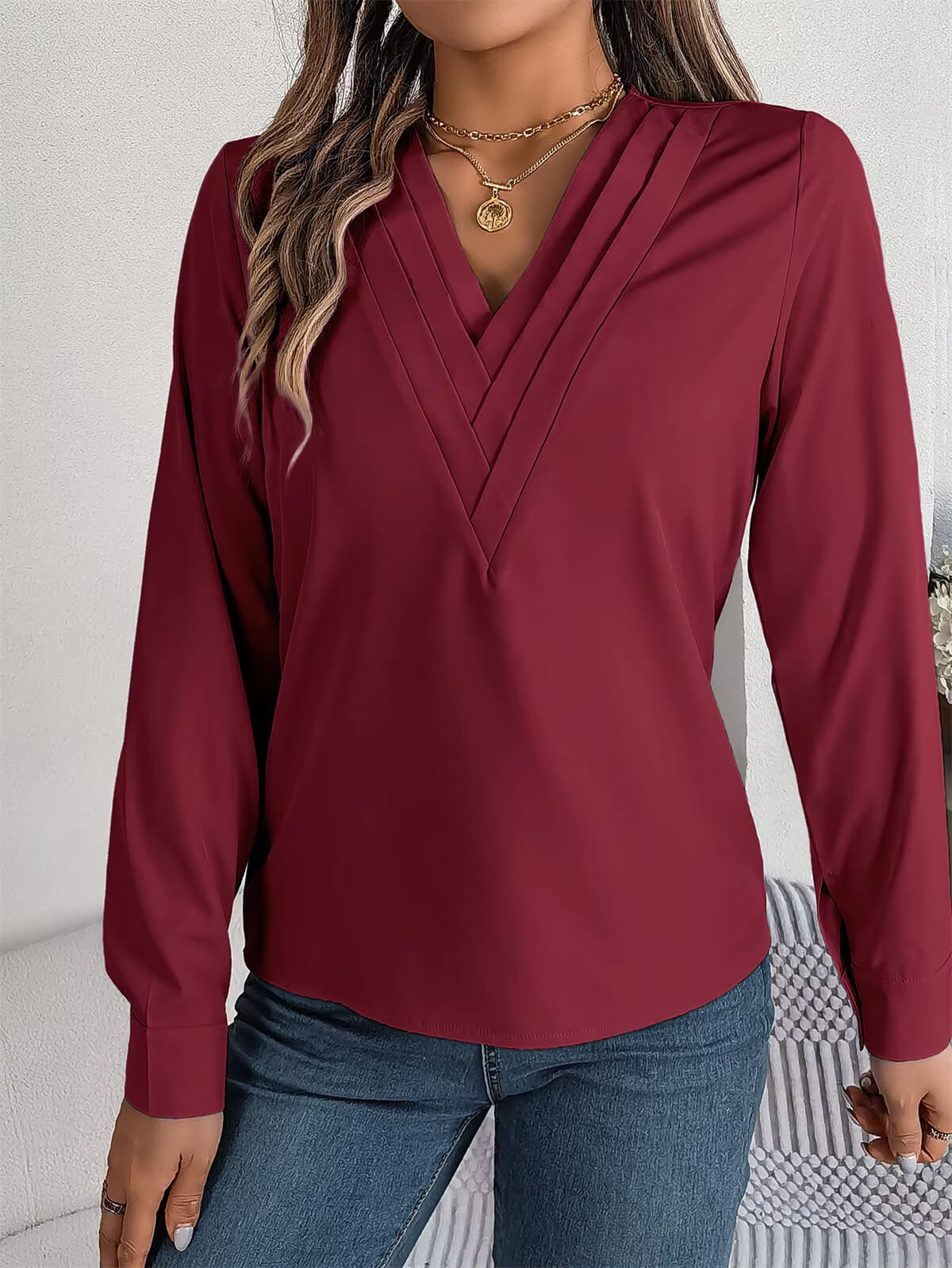 Blusa Feminina Elegante Gola V Manga Longa