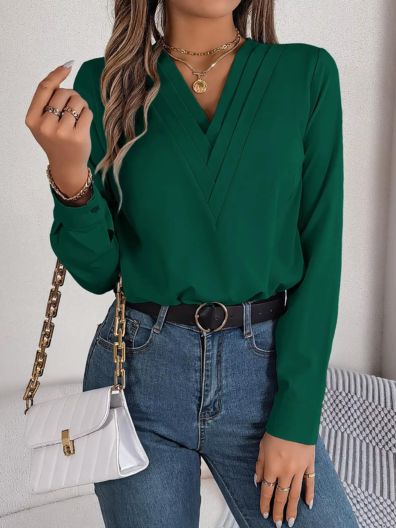 Blusa Feminina Elegante Gola V Manga Longa
