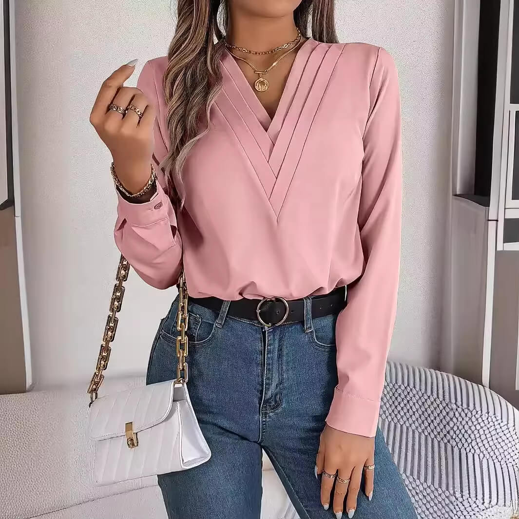 Blusa Feminina Elegante Gola V Manga Longa