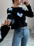 Blusa Feminino Tricô com Bordado de Borboleta