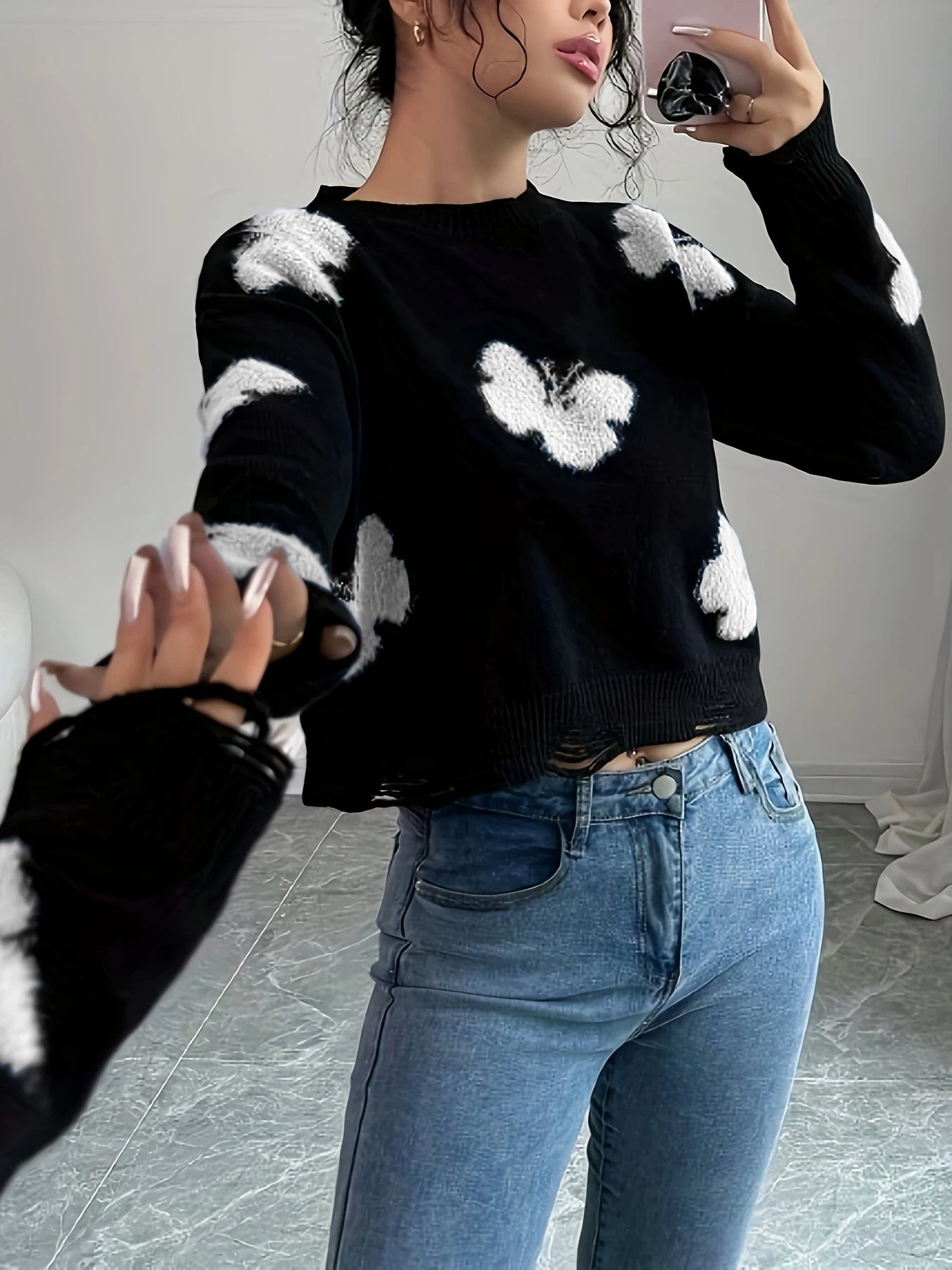 Blusa Feminino Tricô com Bordado de Borboleta