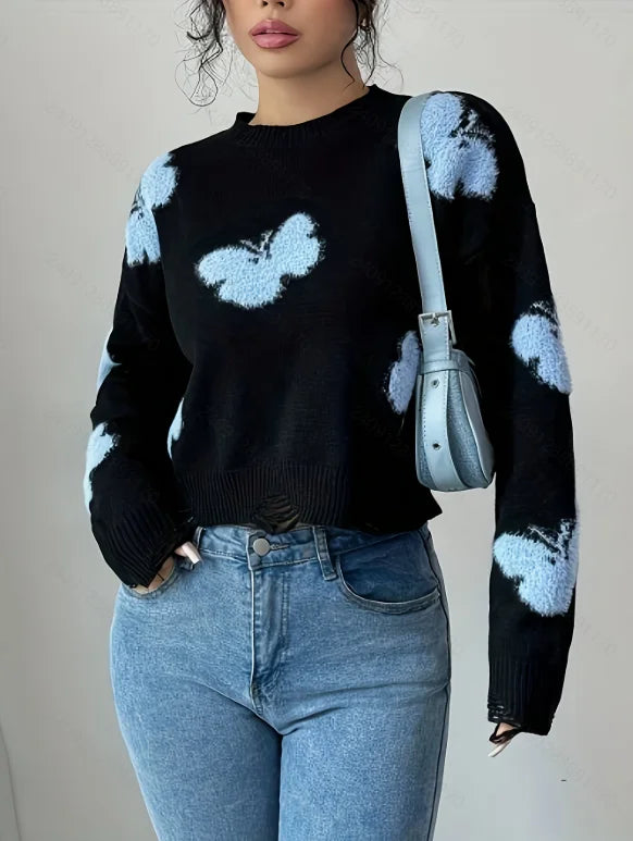 Blusa Feminino Tricô com Bordado de Borboleta