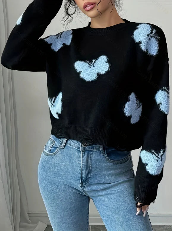 Blusa Feminino Tricô com Bordado de Borboleta