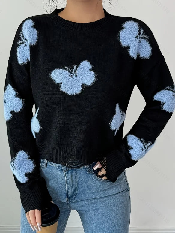 Blusa Feminino Tricô com Bordado de Borboleta
