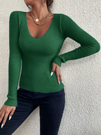 Blusa em Tricô Canelado com Decote em V Elegante