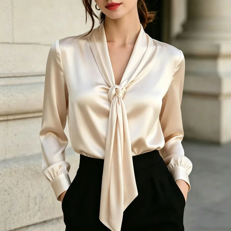 Blusa feminina com laço no decote e manga longa