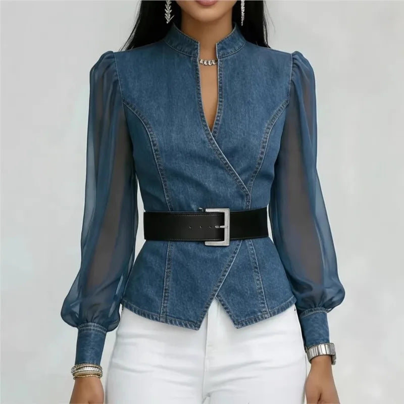 Blusa feminina estilo jeans com mangas em tule e cinto