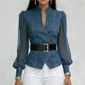 Blusa feminina estilo jeans com mangas em tule e cinto