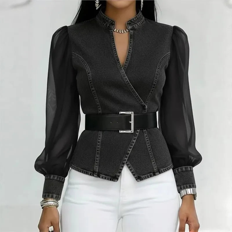 Blusa feminina estilo jeans com mangas em tule e cinto