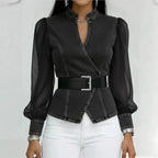 Blusa feminina estilo jeans com mangas em tule e cinto