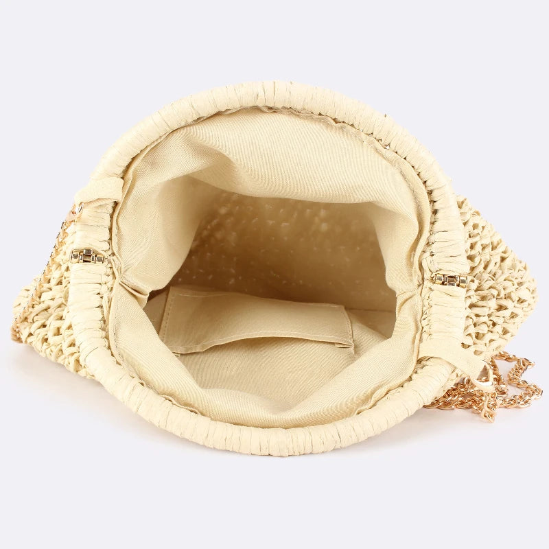 Bolsa Crossbody de Palha com Alça Dourada