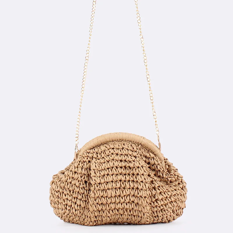 Bolsa Crossbody de Palha com Alça Dourada