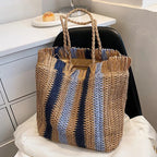 Bolsa de Palha Listrada de Grande Capacidade para Mulheres