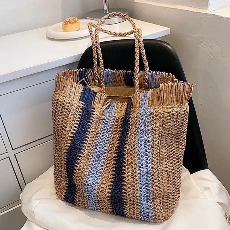 Bolsa de Palha Listrada de Grande Capacidade para Mulheres