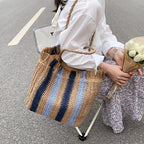 Bolsa de Palha Listrada de Grande Capacidade para Mulheres