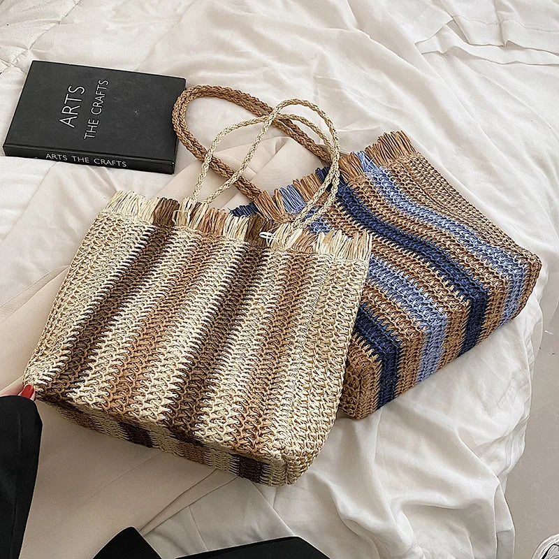 Bolsa de Palha Listrada de Grande Capacidade para Mulheres